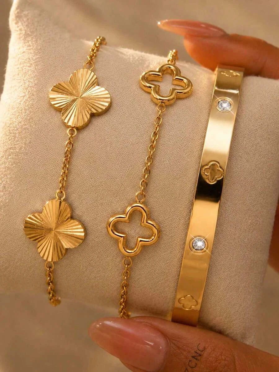 Floral Rhinestone Gold Plated Bracelet Set