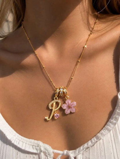 Pink Floral Heart Initial Necklace