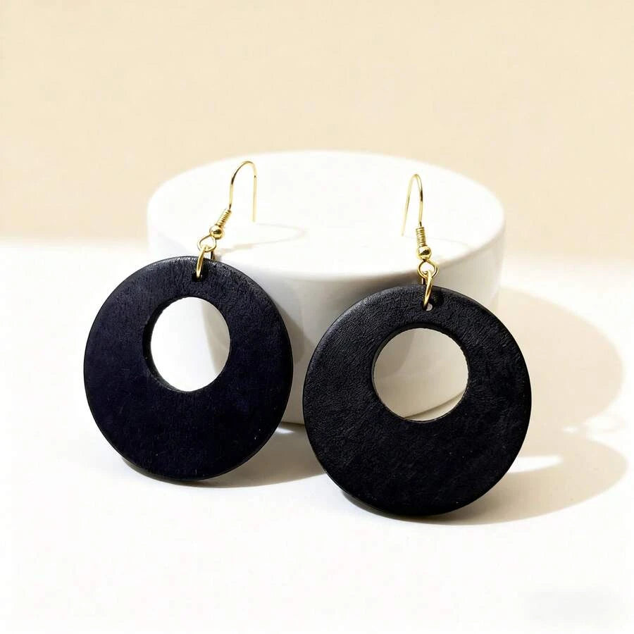 Vintage Wooden Round Hollow Out Earrings