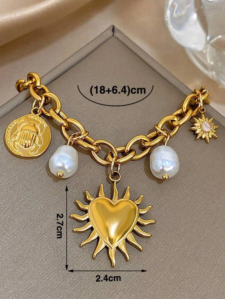Golden Faux Pearl Heart Bracelet Set