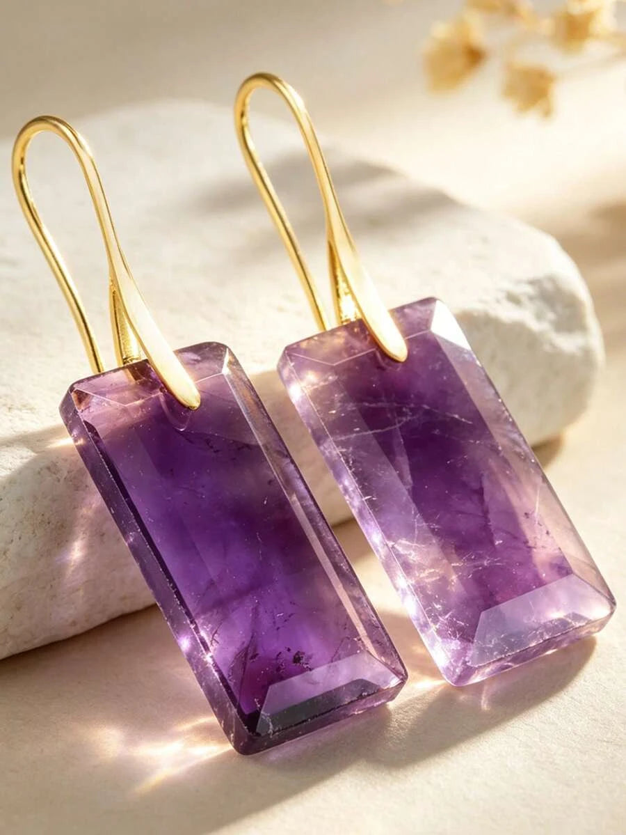 Natural Amethyst Square Pendant Earrings