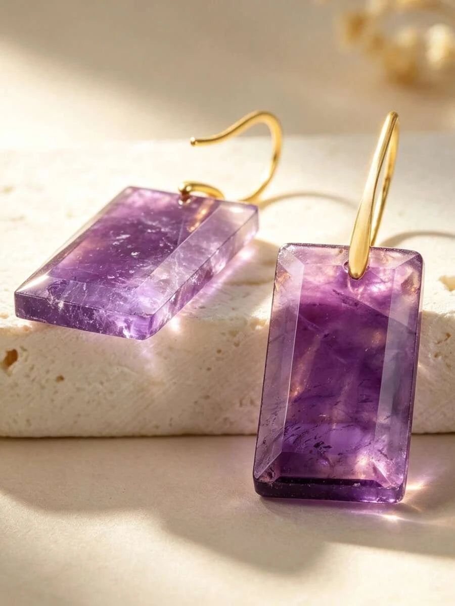 Natural Amethyst Square Pendant Earrings