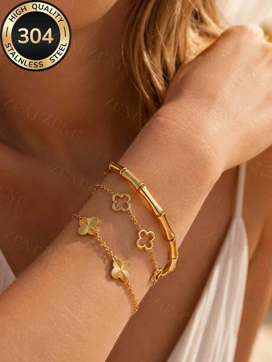 Floral Rhinestone Gold Plated Bracelet Set