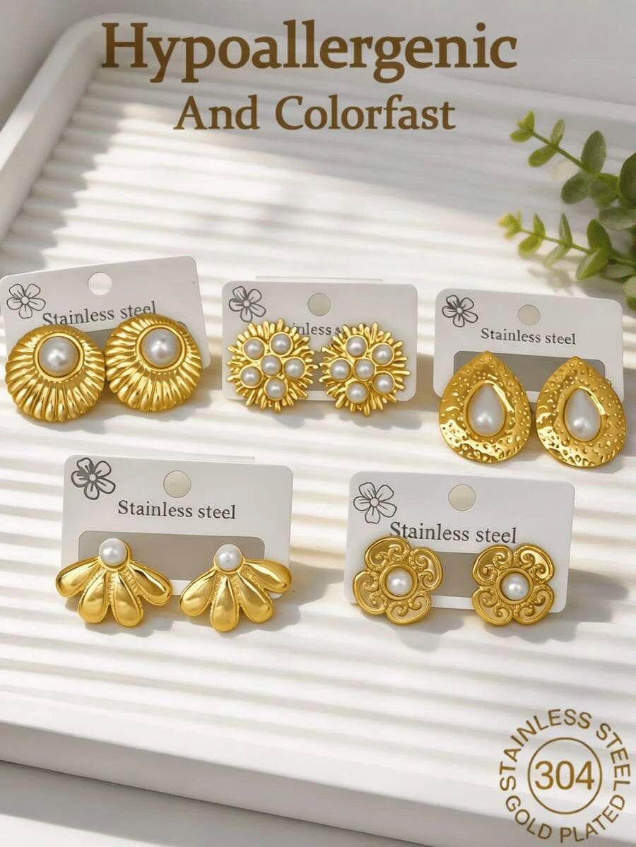 Gold Stainless Steel Vintage Textured Stud Earrings