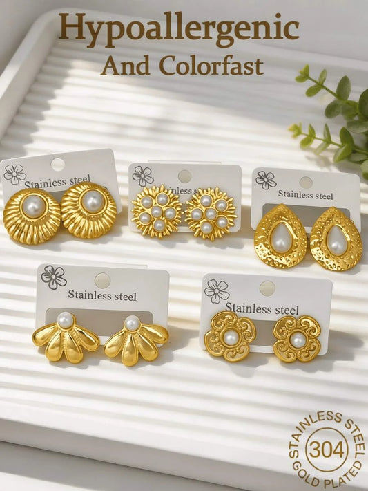 Gold Stainless Steel Vintage Textured Stud Earrings