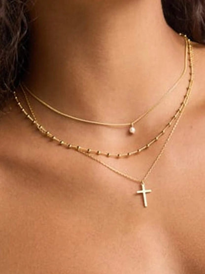 Gold Plated Layered Cross Necklace Set