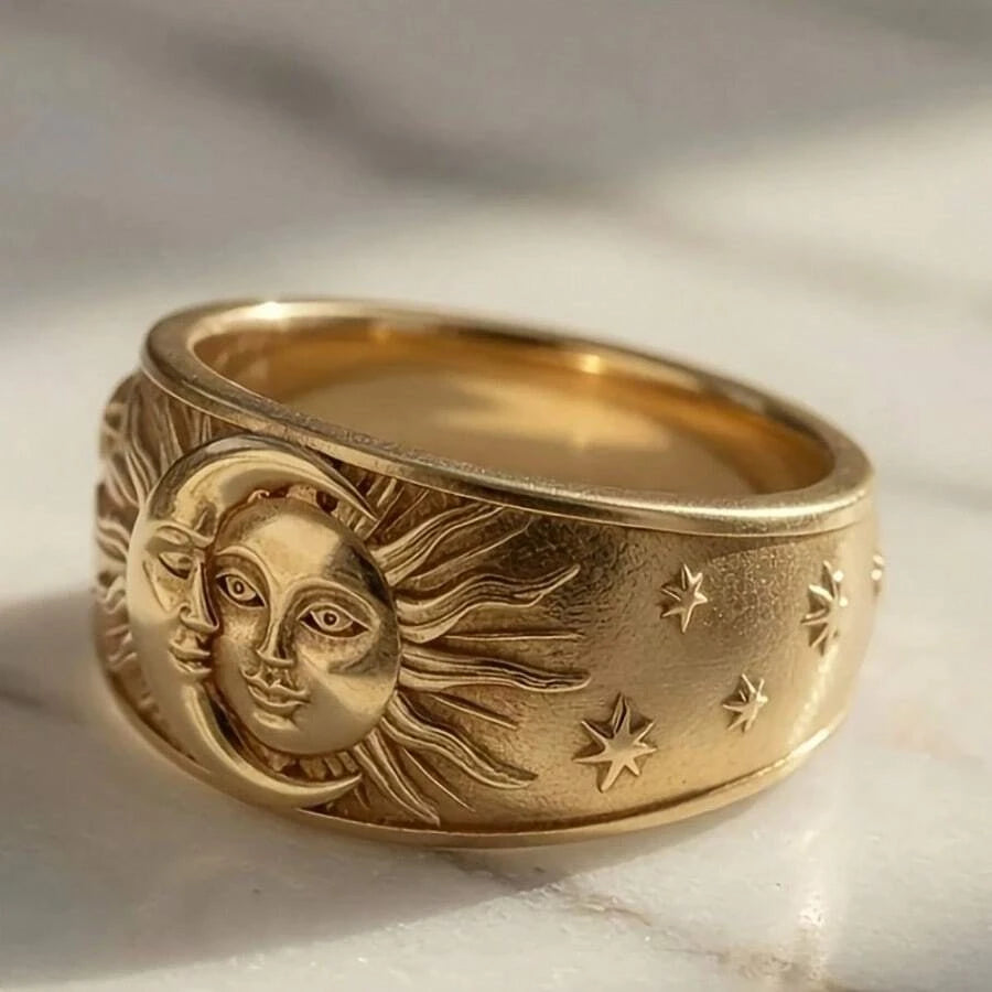 Vintage Court Style Gold Plated Engraved Sun Ring