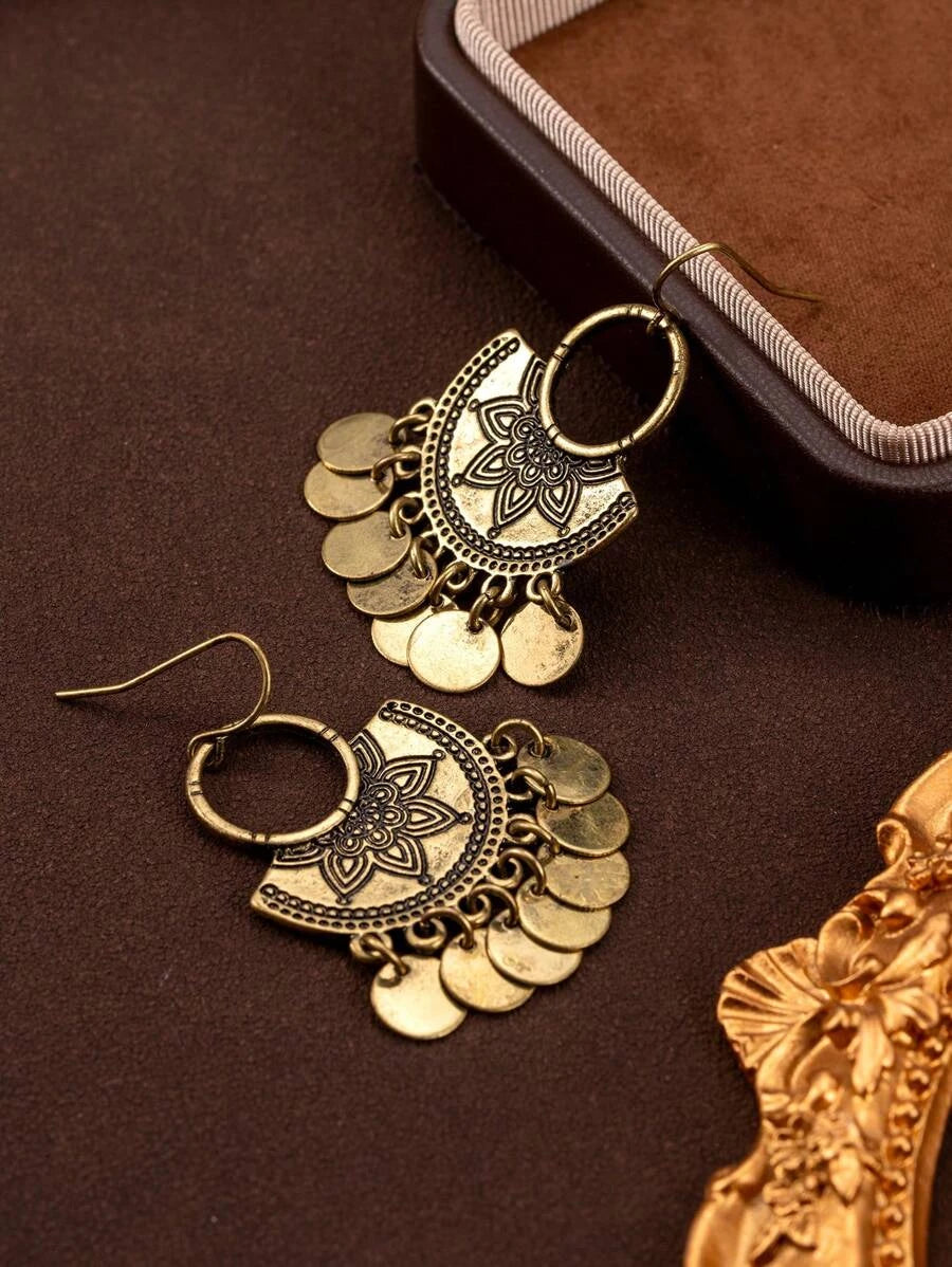 Retro Carved Disc Tassel Earrings