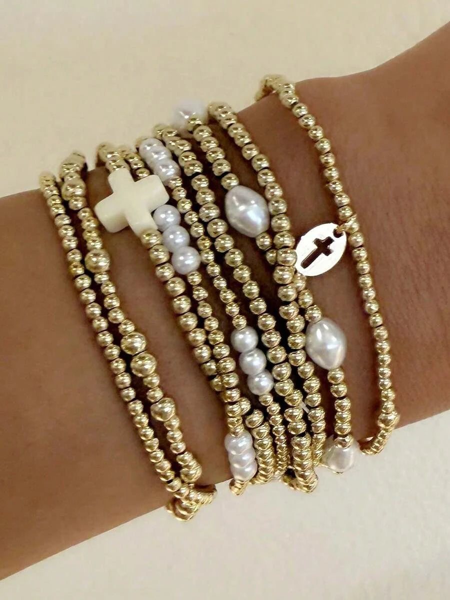 Golden Bead Faux Pearl Bracelet Set