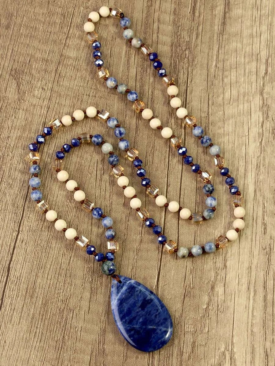Bohemian Blue Lapis Lazuli Teardrop Pendant Necklace