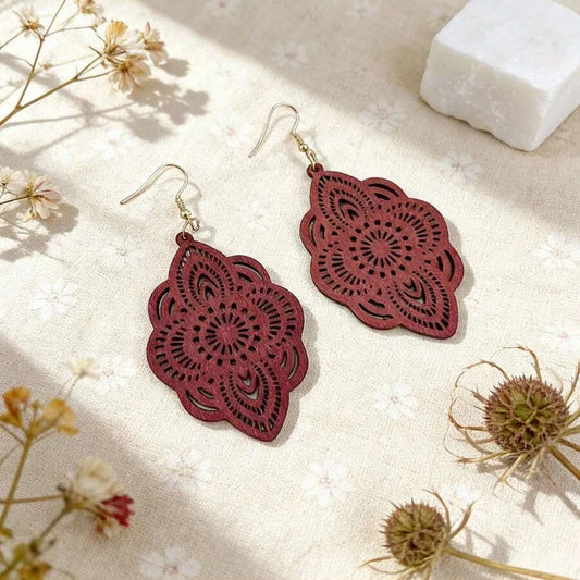Wooden Lace Pattern Carved Pendant Earrings