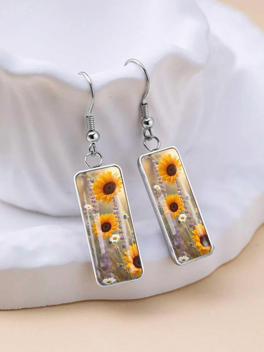 Vintage Sunflower Print Drop Earrings