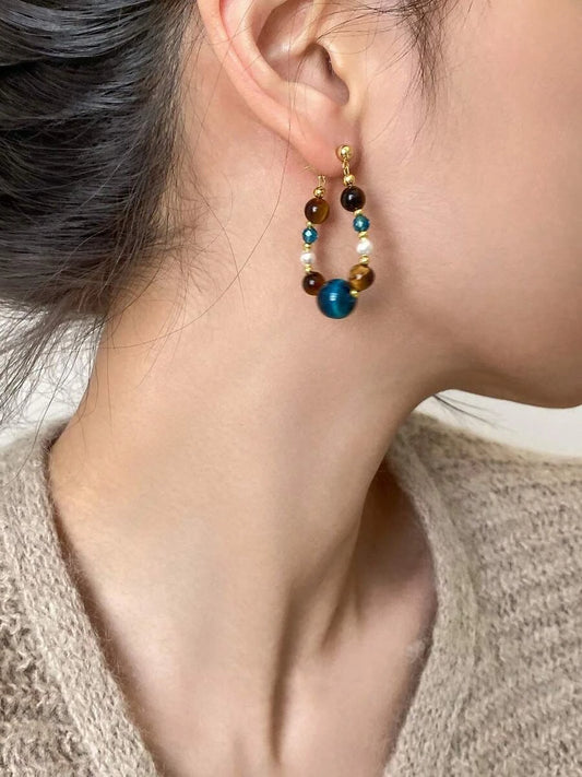 Retro Chinese Style Blue Beaded Earrings
