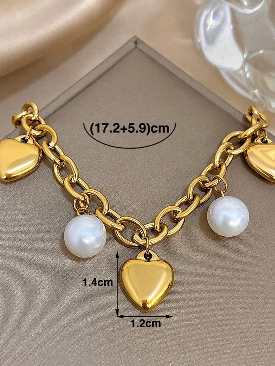 Golden Faux Pearl Heart Bracelet Set