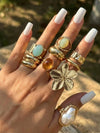 13pcs Fashion Luxury Vintage Sun Gemstone Open Ring Set, Designer Ins Style Metallic Glossy Wrinkled Finger Rings, Suitable For Party, Vacation, Gift For Friends And Family, Daily Wear