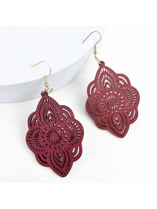 Wood Lace Pattern Carved Drop Earrings