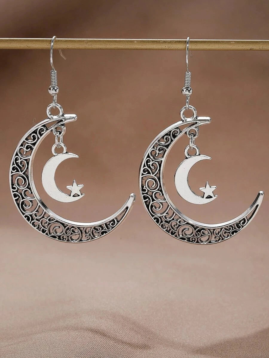 Retro Asymmetric Crescent Moon Drop Earrings