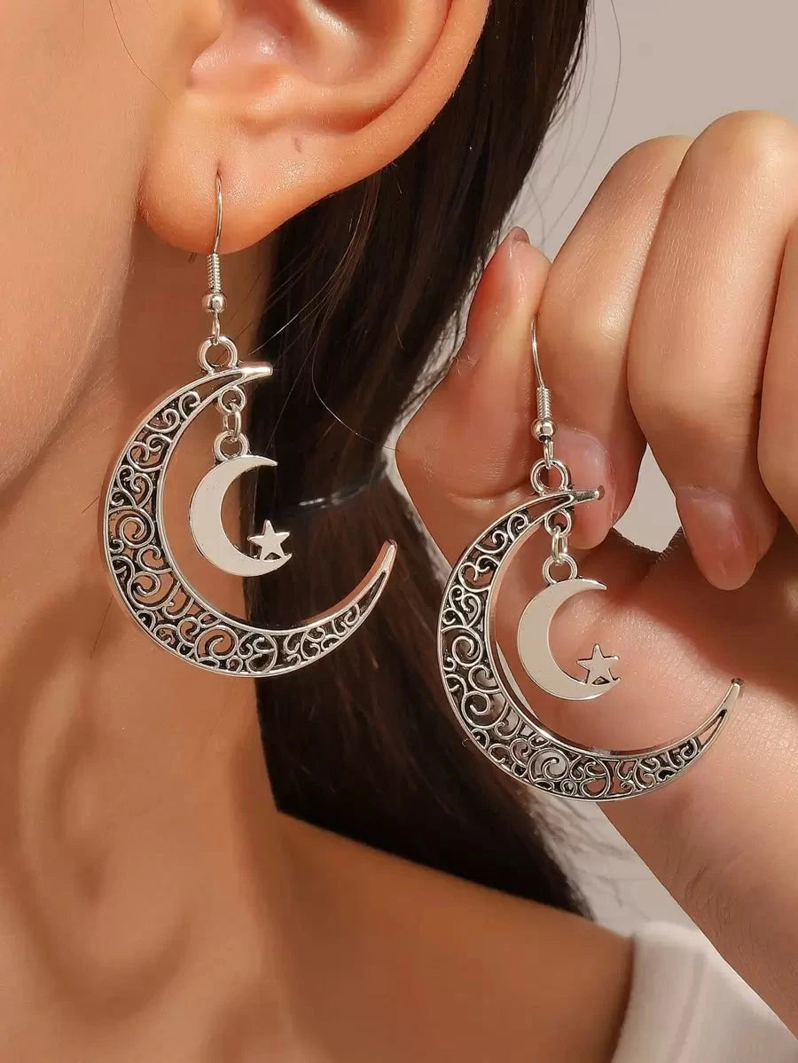 Retro Asymmetric Crescent Moon Drop Earrings
