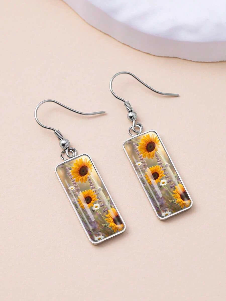 Vintage Sunflower Print Drop Earrings