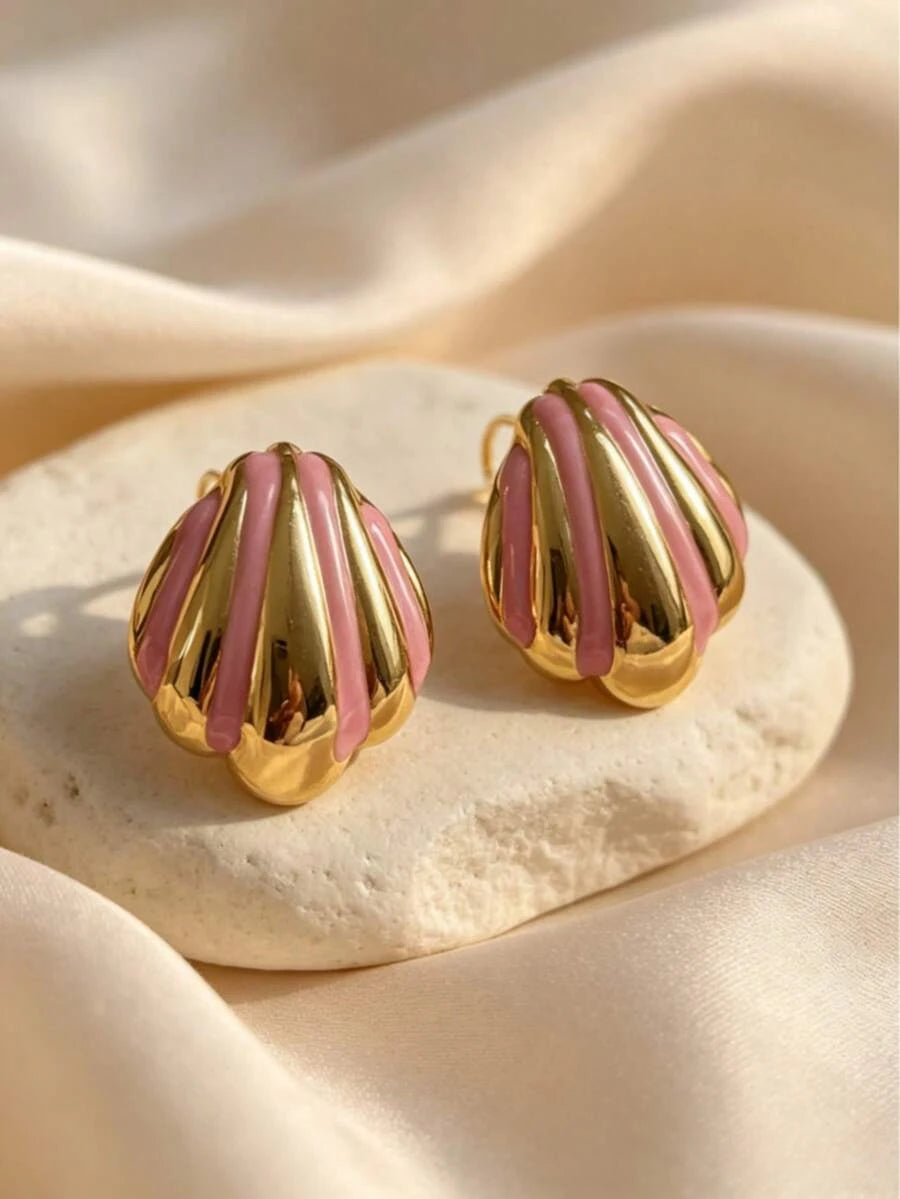 Pink Enamel Shell Stud Earrings