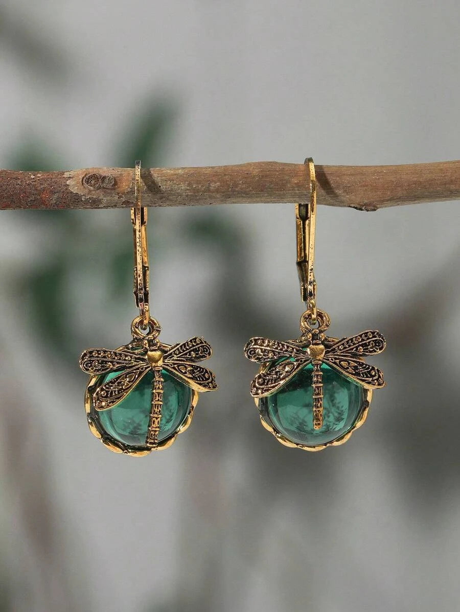 Vintage Dragonfly Crystal Drop Earrings