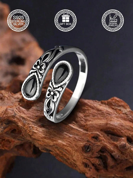 Sterling Silver Black Agate Spoon Ring
