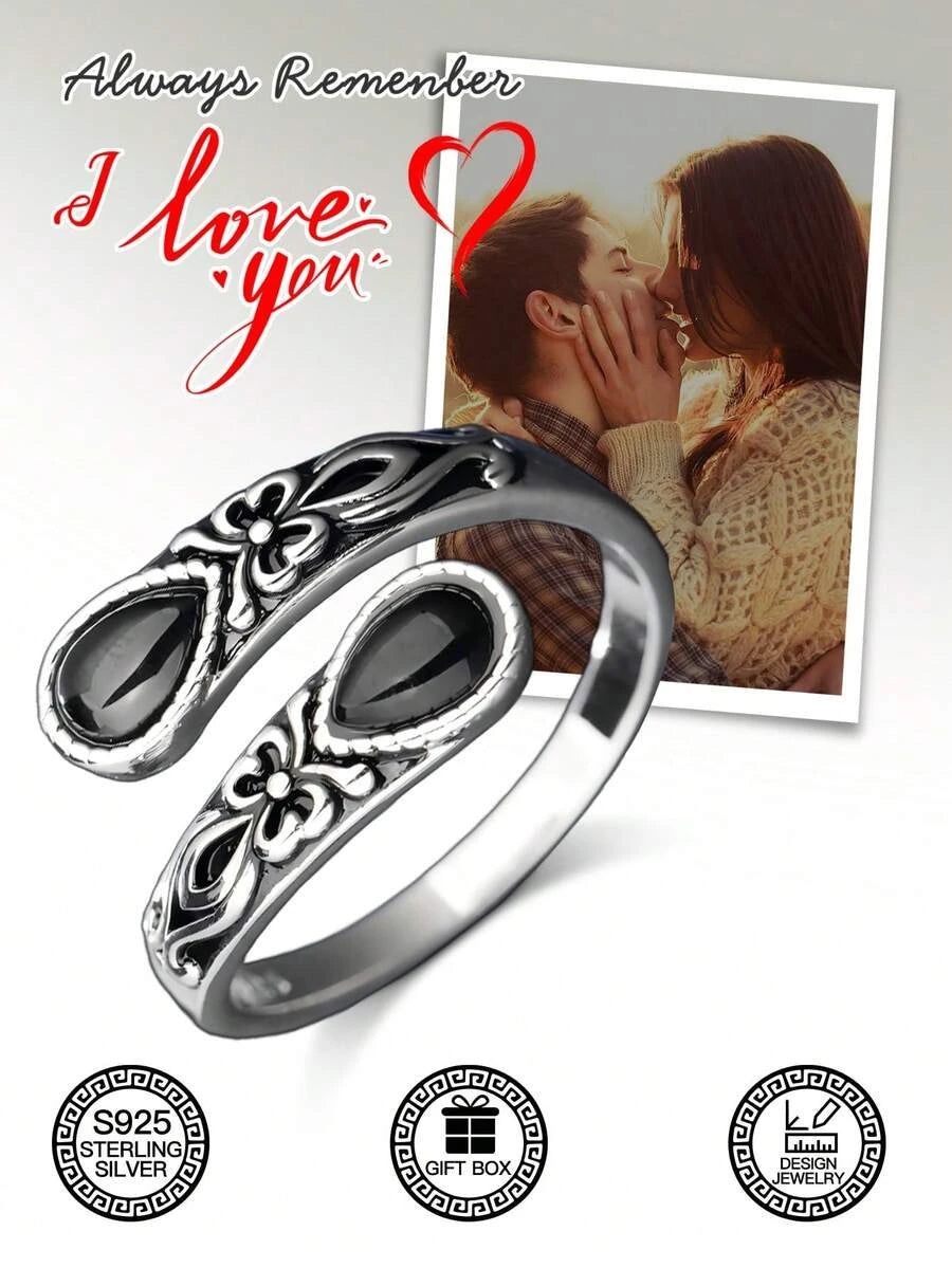 Sterling Silver Black Agate Spoon Ring