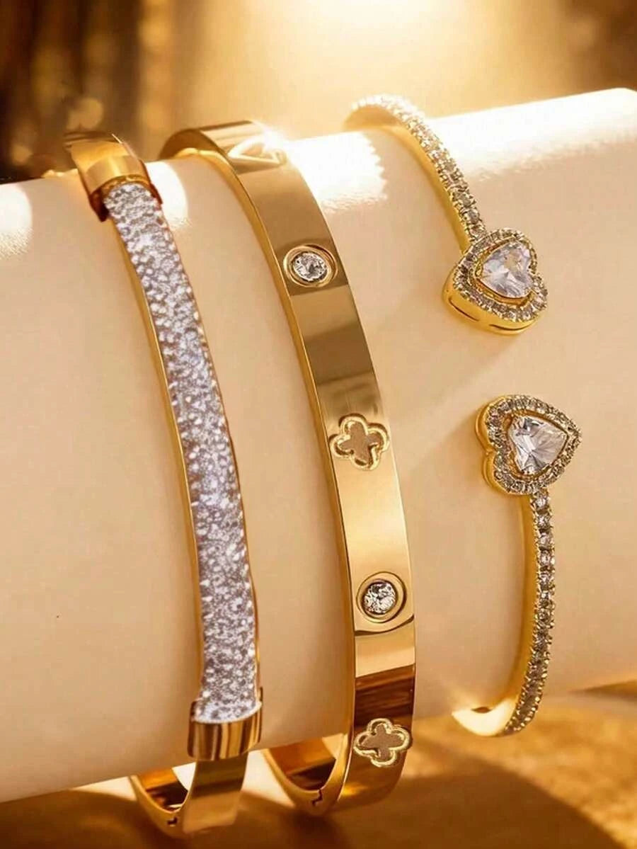 Floral Rhinestone Gold Plated Bracelet Set