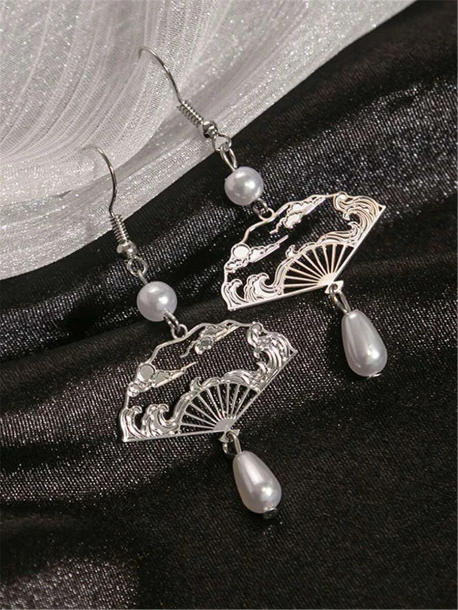 Chinese Style Folding Fan Pearl Earrings