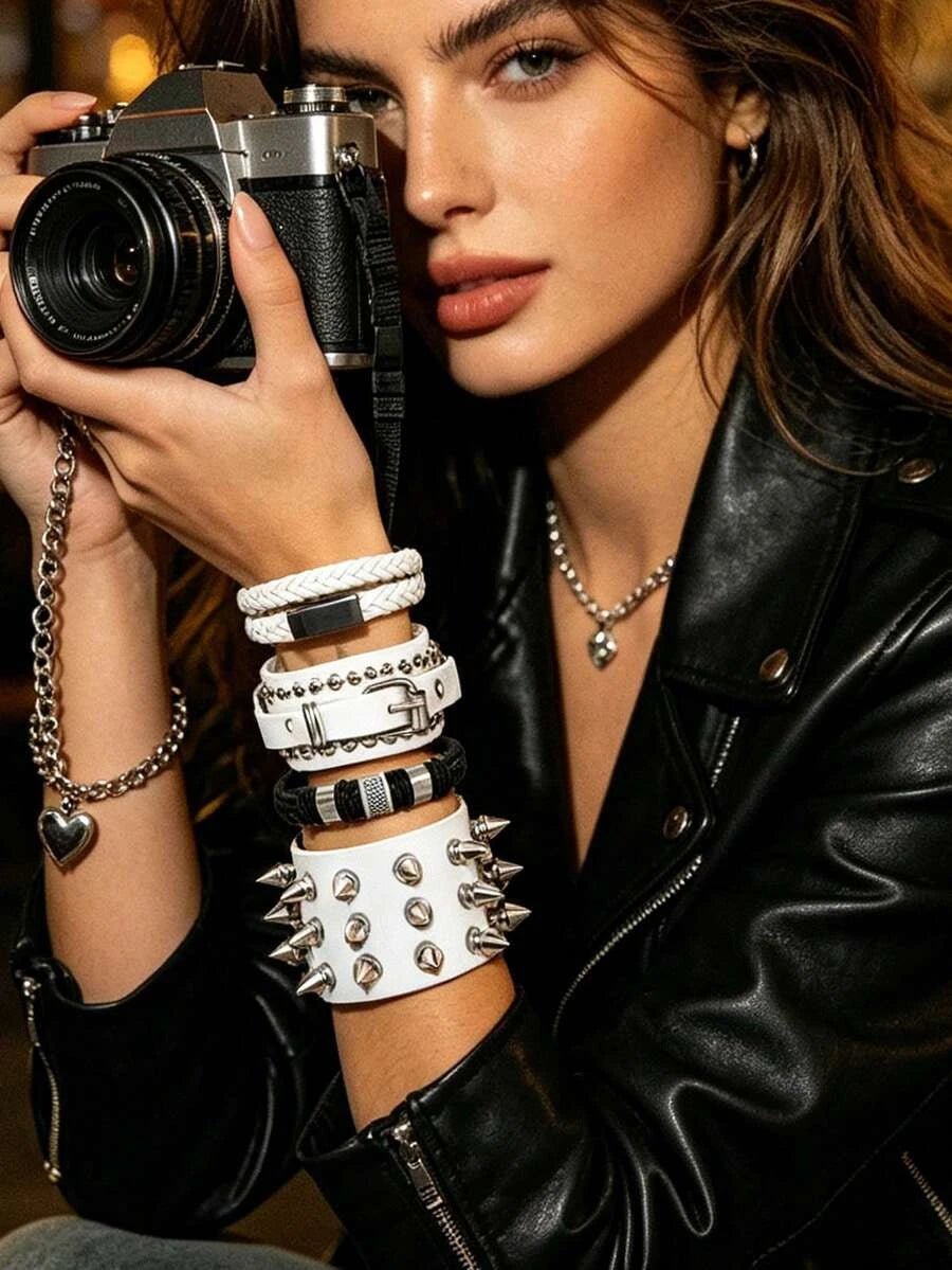 Punk Studded Faux Leather Bracelet Set
