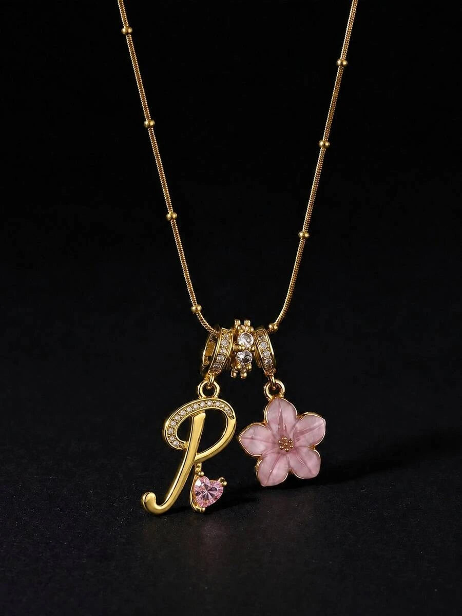 Pink Floral Heart Initial Necklace