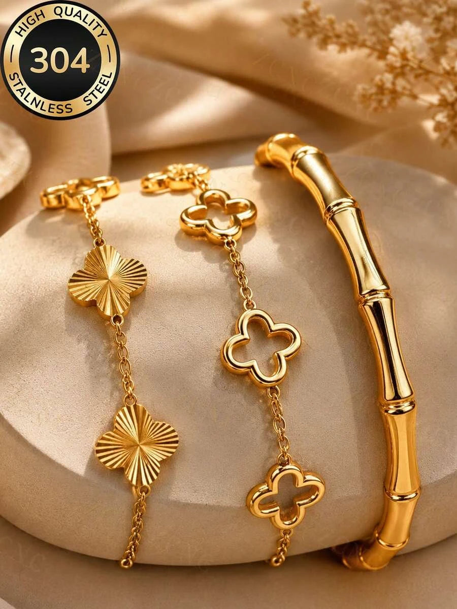 Floral Rhinestone Gold Plated Bracelet Set