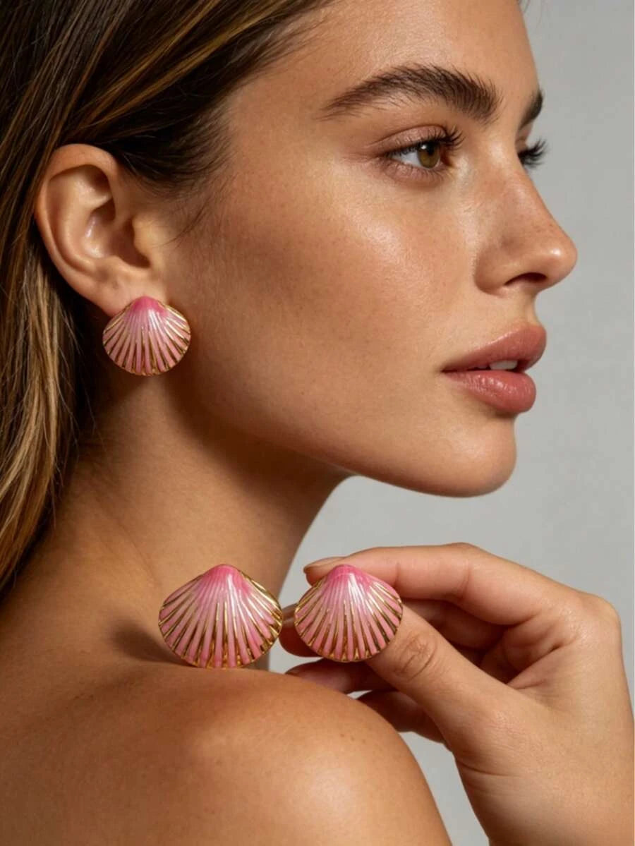 Pink Enamel Shell Stud Earrings