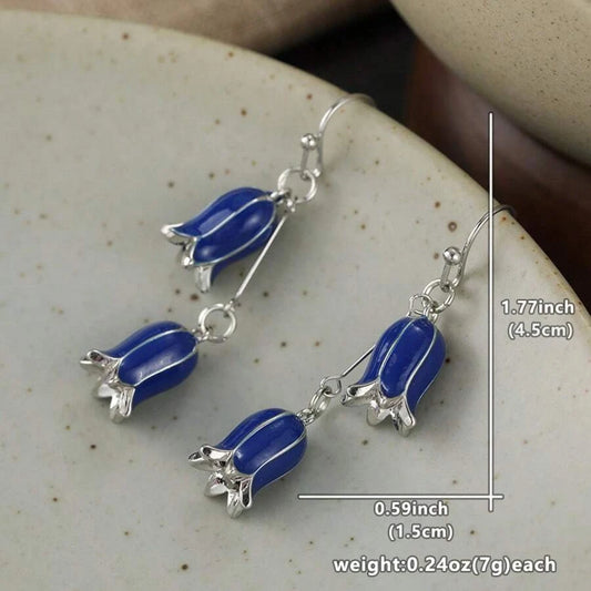 Vintage Blue Bell Flower Tassel Drop Earrings