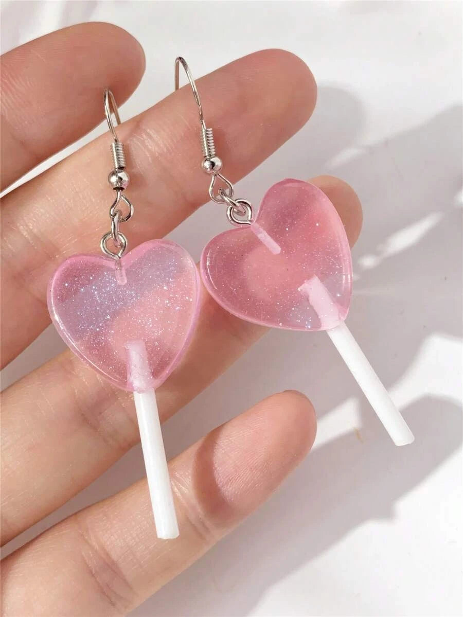 Summer Vacation Resin Heart Lollipop Dangle Earrings