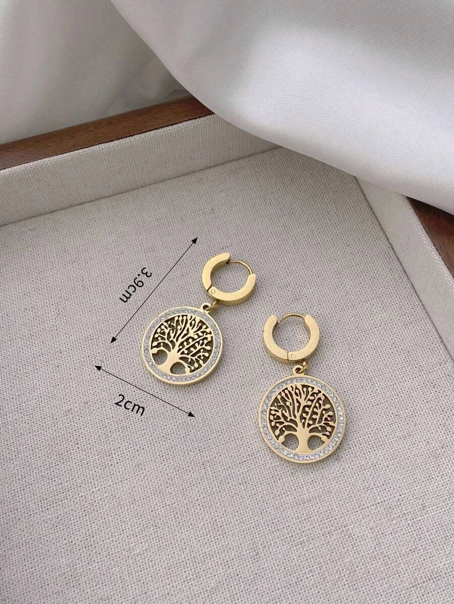 Stainless Steel Rhinestone Tree Of Life Drop Earrings