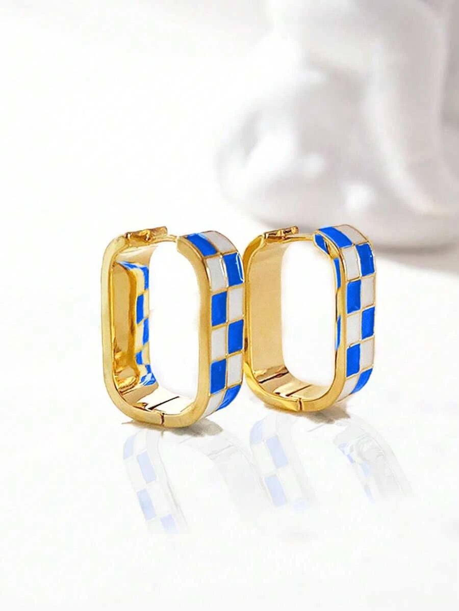 Gold Plated Brass Checkerboard Hoop Earrings