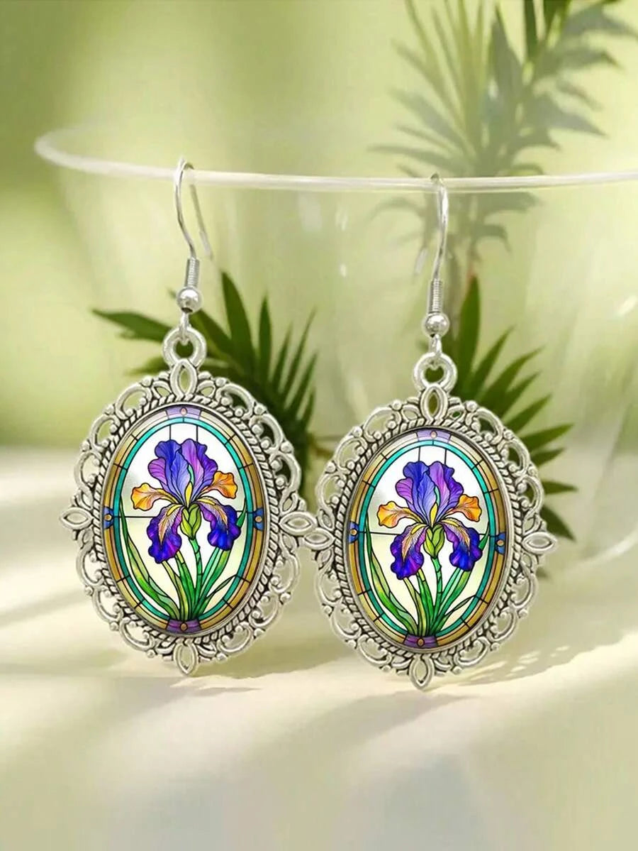 Vintage Floral Oval Iris Flower Earrings