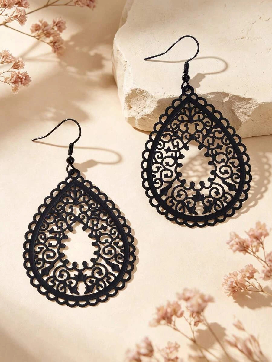 Black Hollow Teardrop Earrings