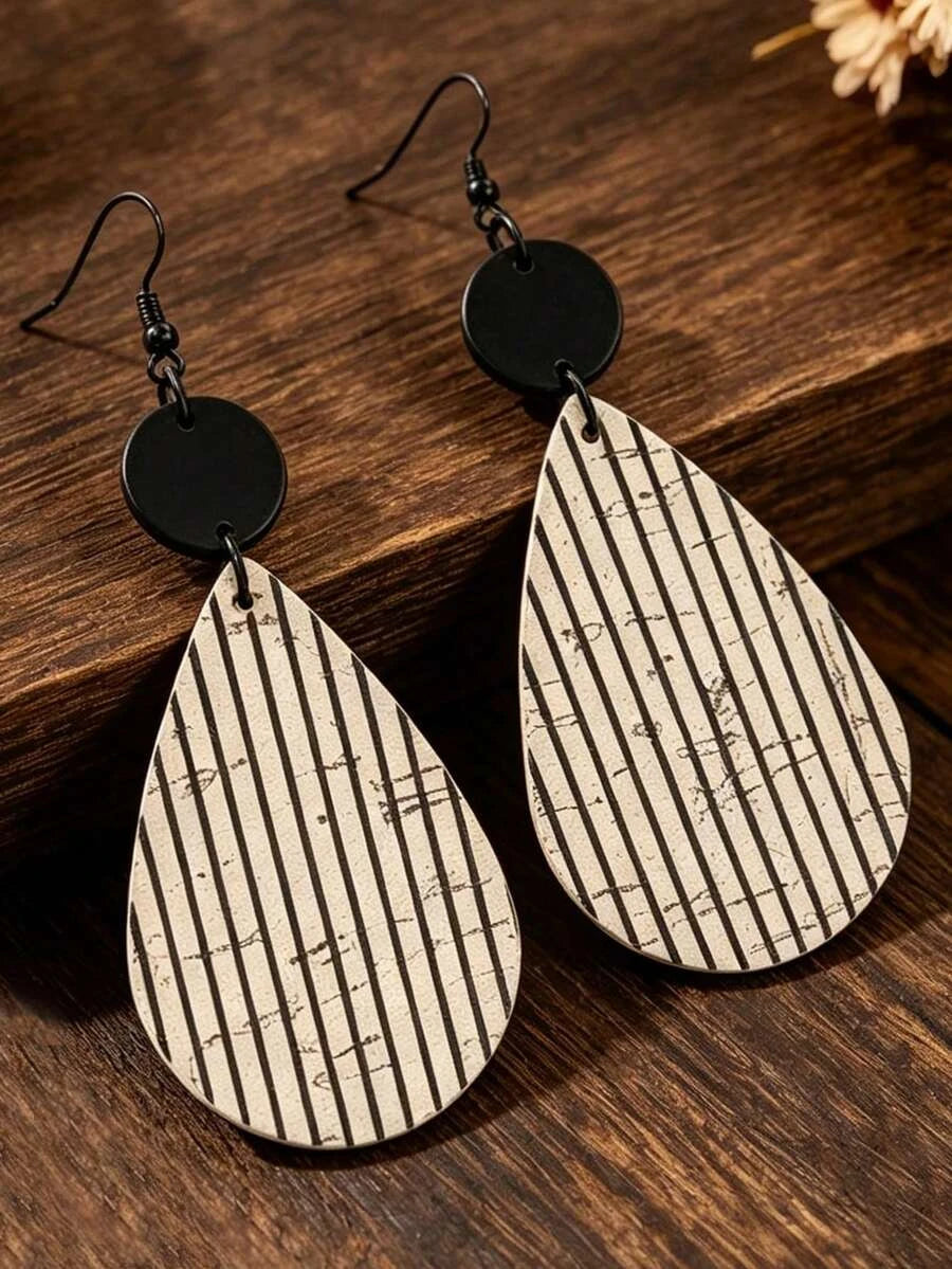 Vintage Black Wood Water Drop Earrings