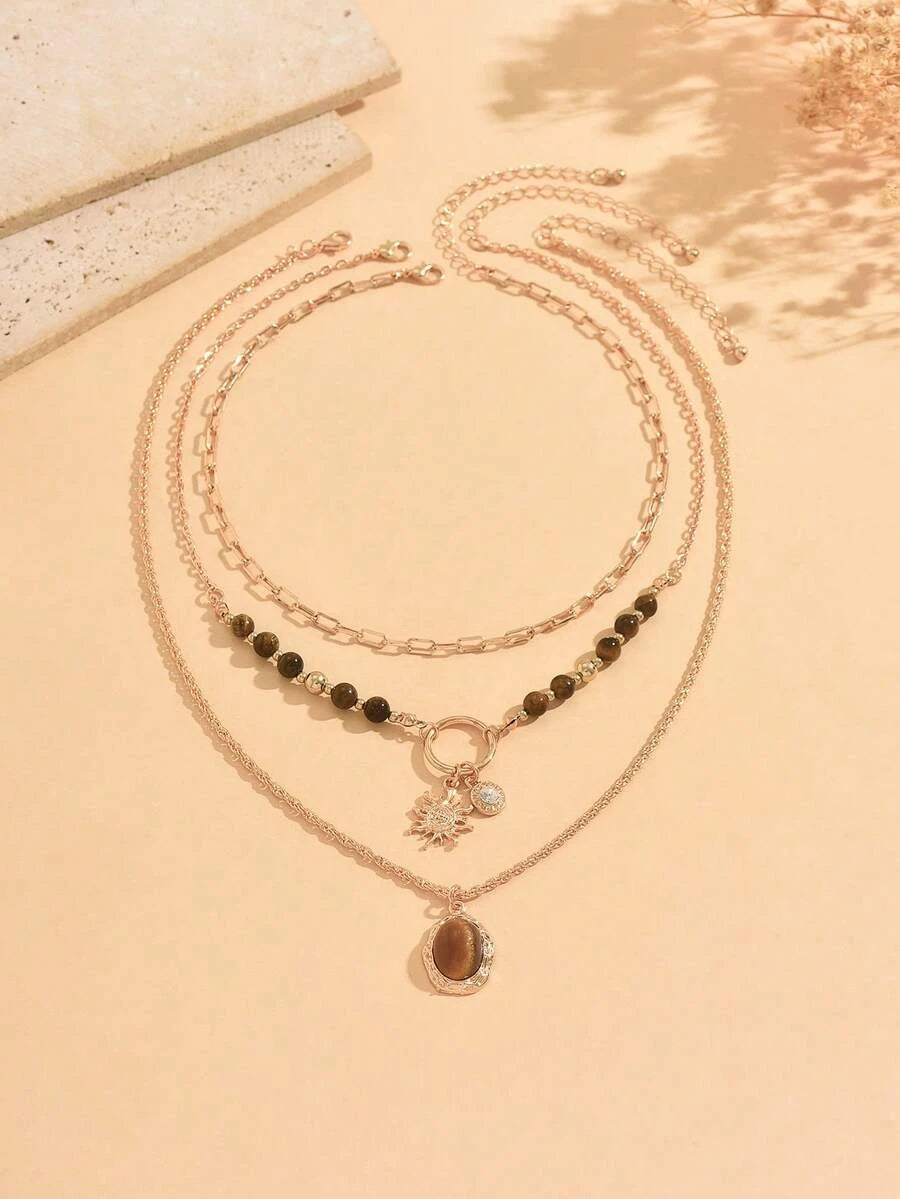 Layered Tiger Eye Beaded Necklace Set