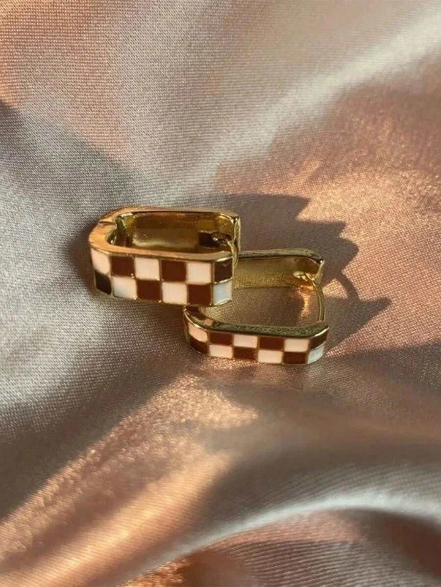Gold Plated Brass Checkerboard Hoop Earrings