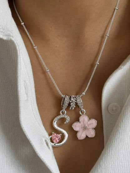 Pink Floral Heart Initial Necklace