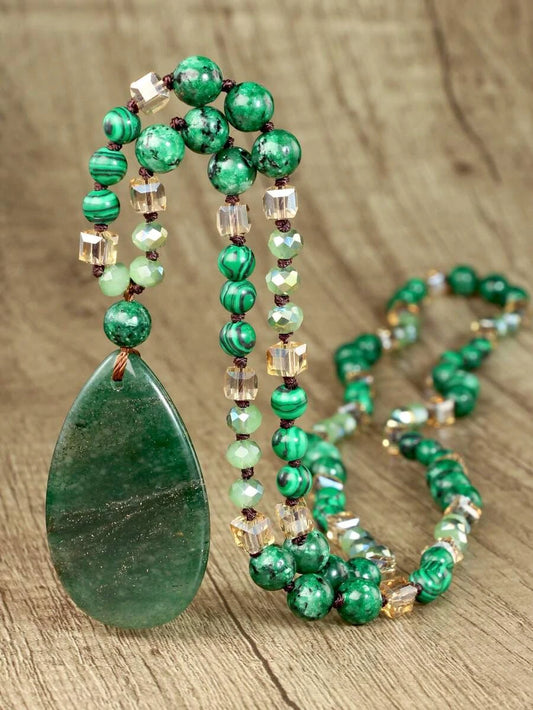 Vintage Green Agate Teardrop Pendant Necklace