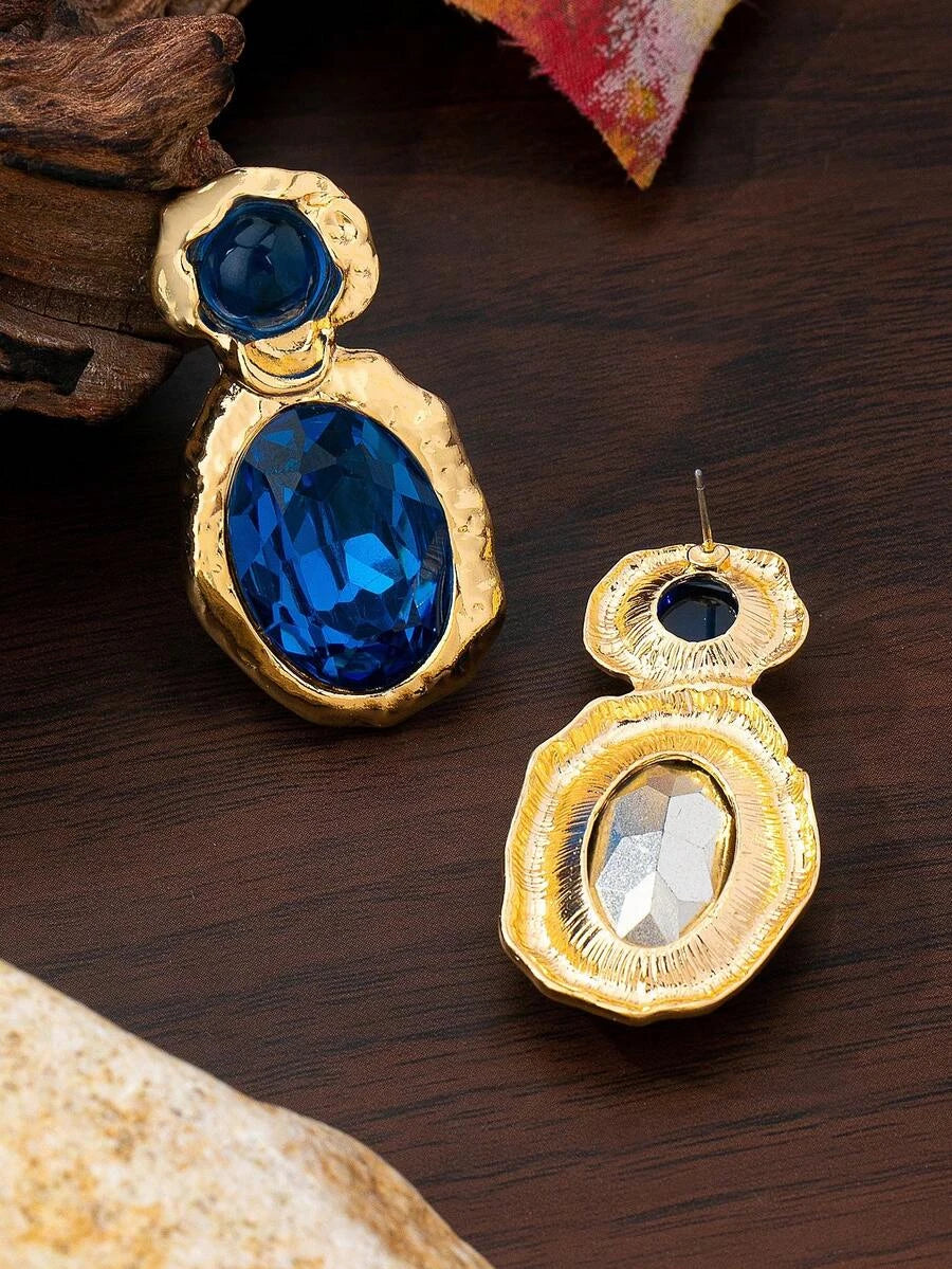 Minimalist Blue Oval Gemstone Asymmetrical Earrings