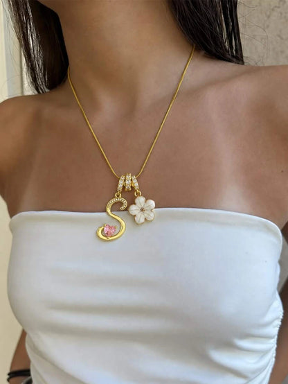 Pink Floral Heart Initial Necklace