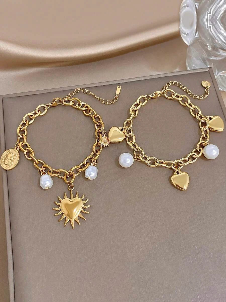 Golden Faux Pearl Heart Bracelet Set