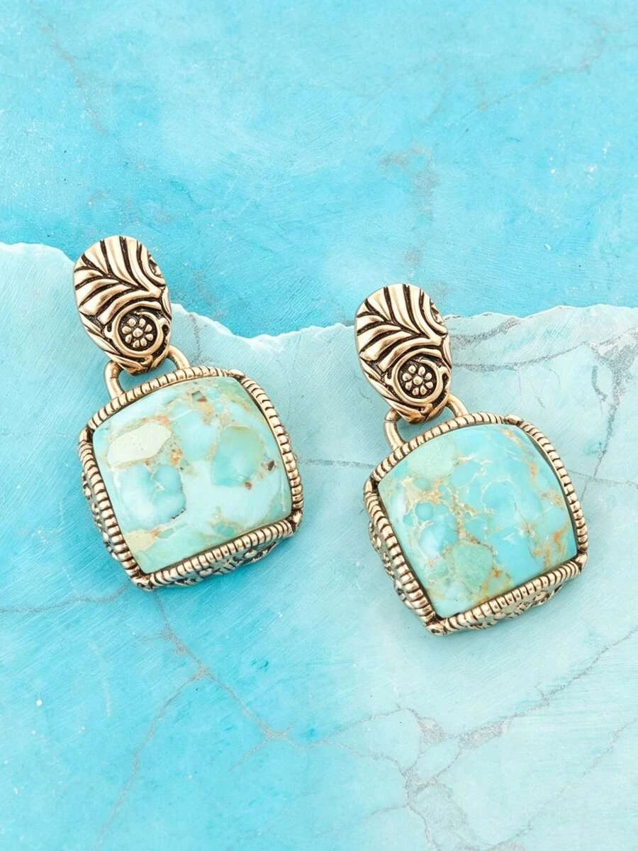 Bohemian Turquoise Square Dangle Earrings