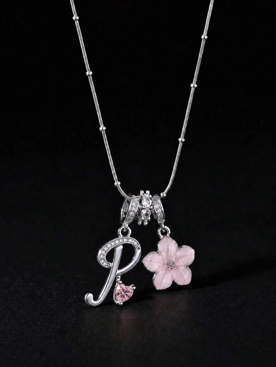 Pink Floral Heart Initial Necklace