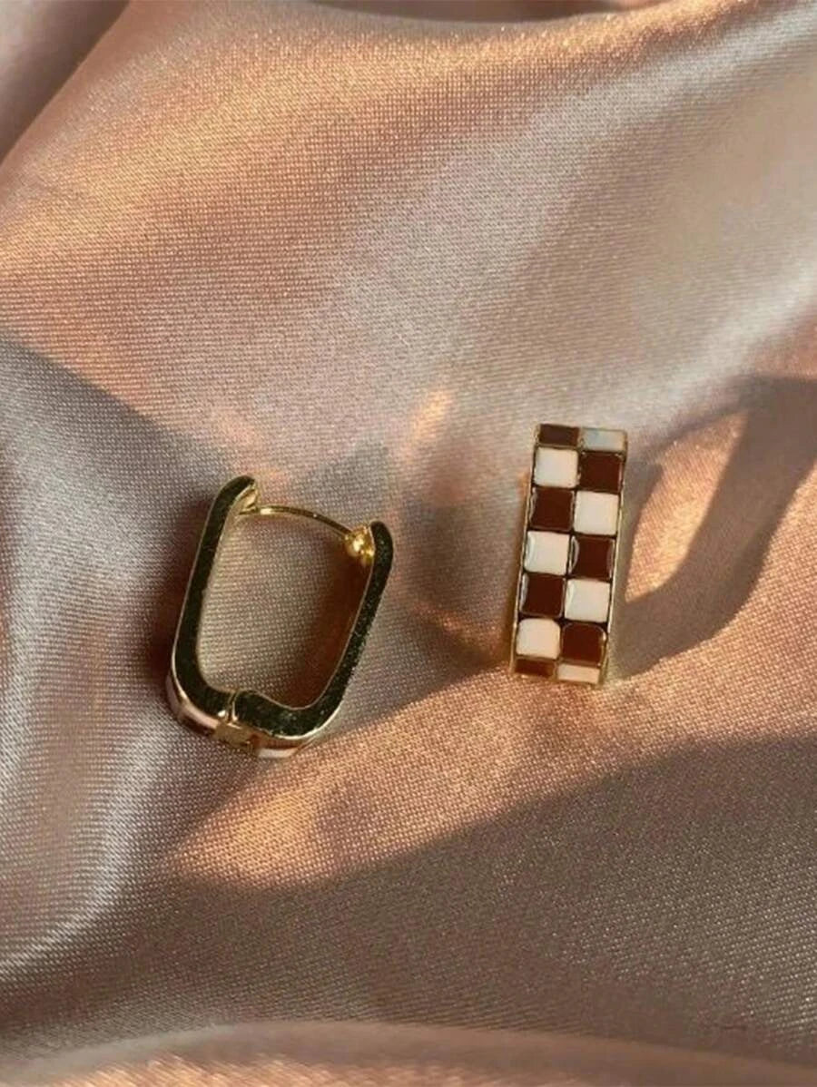 Gold Plated Brass Checkerboard Hoop Earrings
